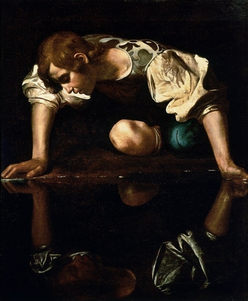 Narcissus by Caravaggio depicts Narcissus gazing at his own reflection.