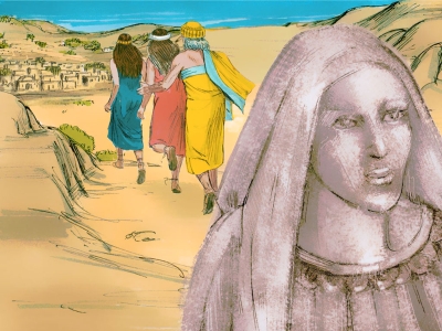 Image of Lot's wife, turned to salt, while Lot escapes with his daughters