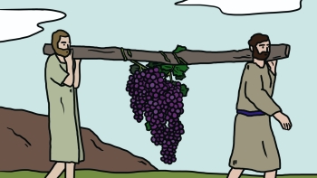 Image of two spies carrying a cluster of grapes