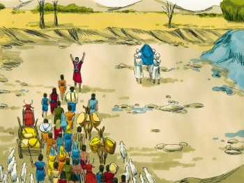 The Israelites cross the Jordan River led by the worship team.
