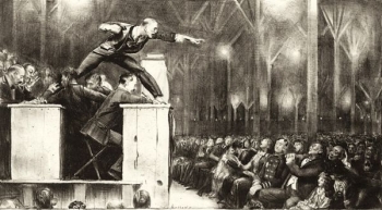 Vintage picture of Billy Sunday preaching a fiery message, perhaps on the fear of the Lord.
